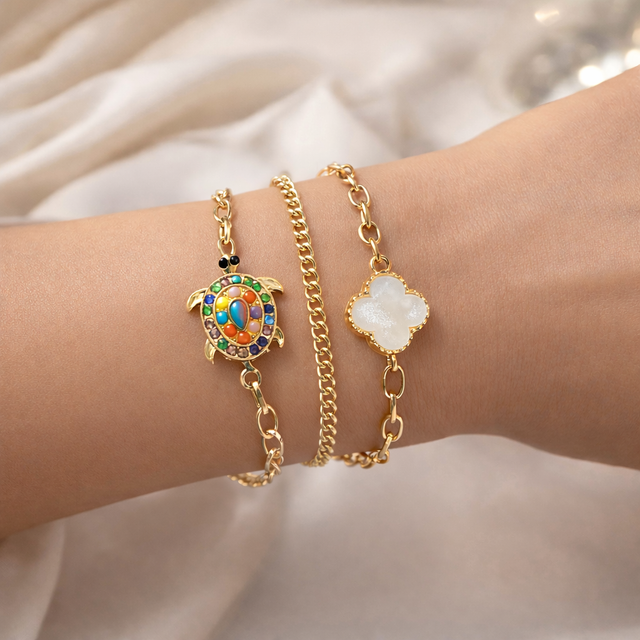 Gold Finish Charm Bracelet for Women with Evil Eye 2 in 1