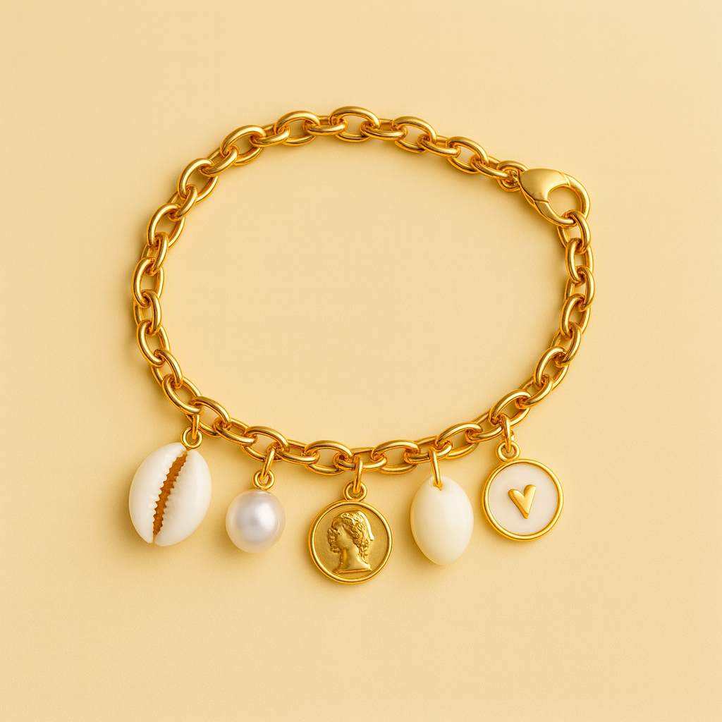 GlowFinch Gold Finish Cowrie Pearl & Coin Charm Bracelet for Women | Trendy Daily Jewellery