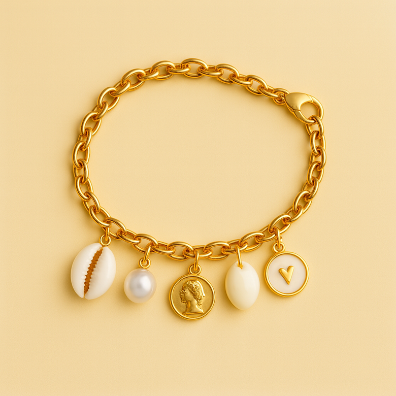 GlowFinch Gold Finish Cowrie Pearl & Coin Charm Bracelet for Women | Trendy Daily Jewellery