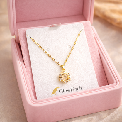 Gold Finish Sunburst Crystal Pendant Necklace for Women