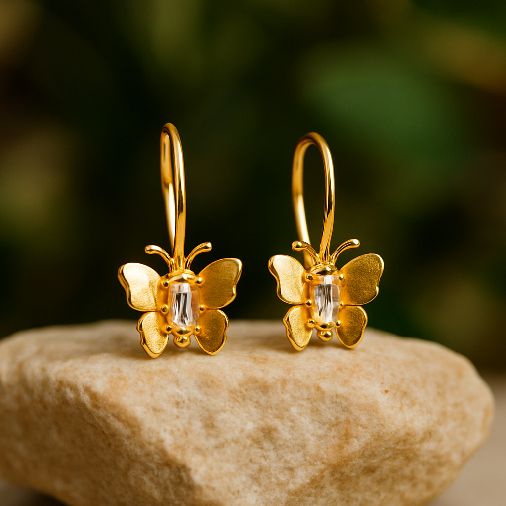 Gold Butterfly Hook Earrings for Women with Crystal Center