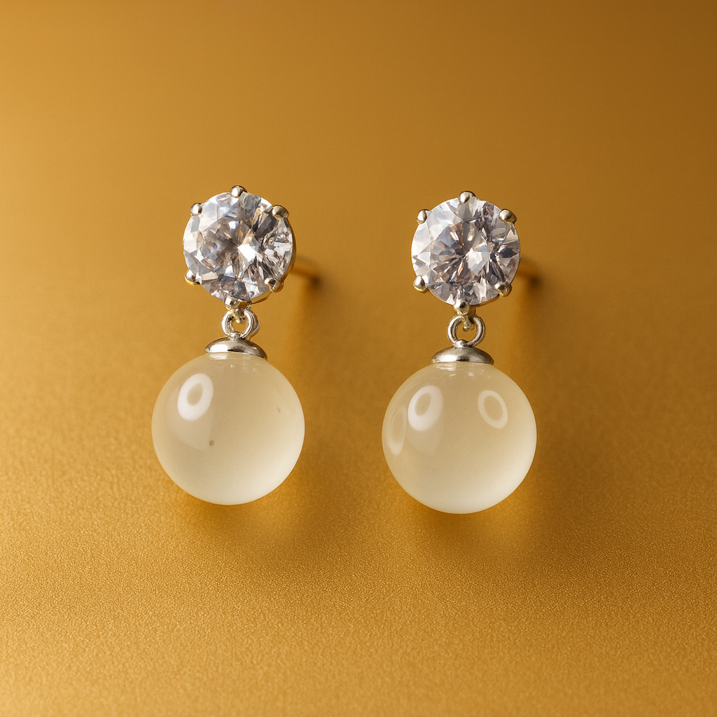 Silver Crystal Stud Earrings with Frosted Stone Drops