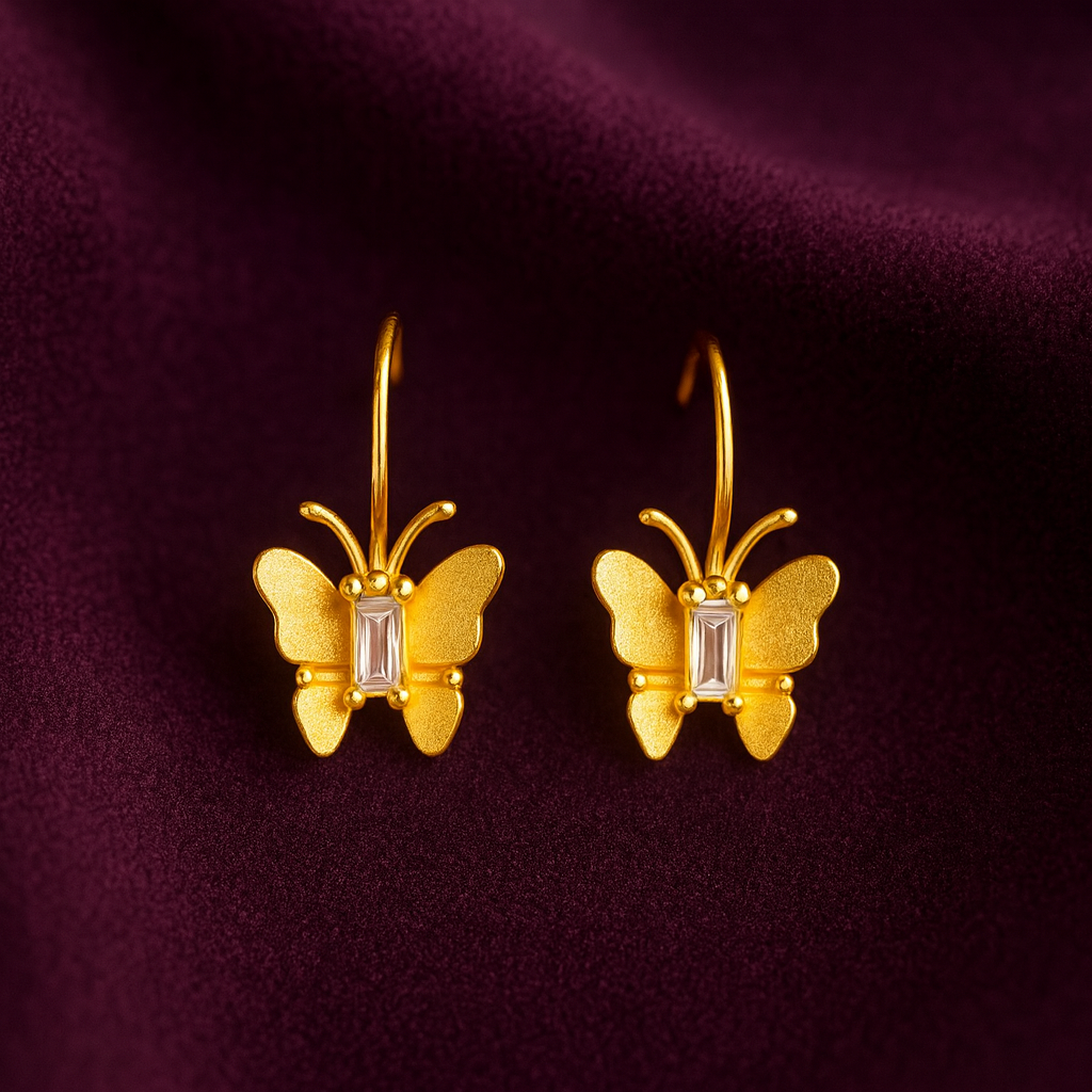 Gold Butterfly Hook Earrings for Women with Crystal Center