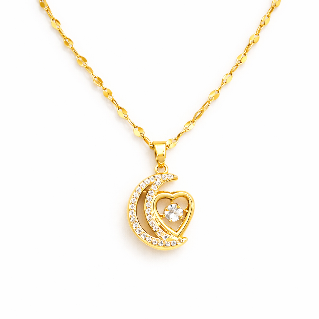 Gold finish Crescent Moon Heart Crystal Pendant Necklace for Women