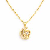 Gold Finish Crescent Moon Heart Crystal Pendant Necklace for Women