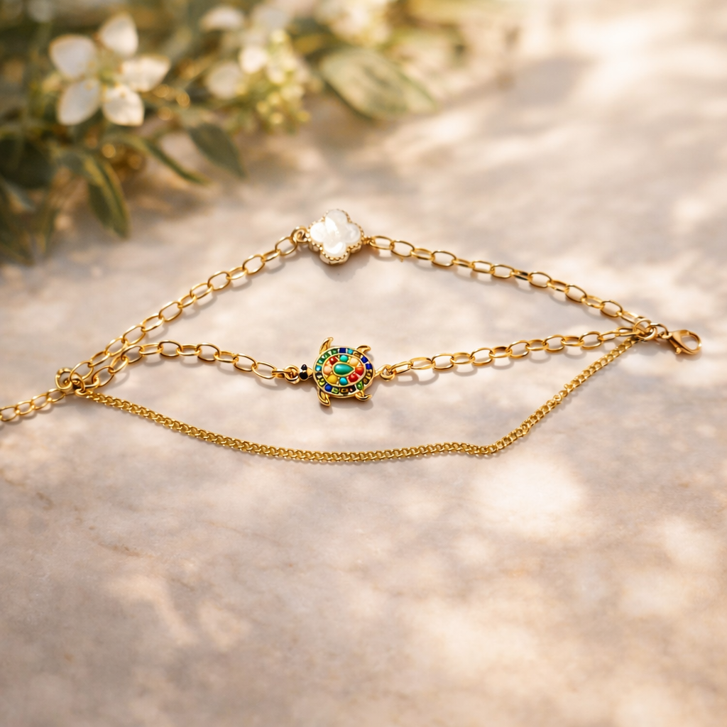 Gold finish Turtle & Clover Bracelet for Women 3 in 1