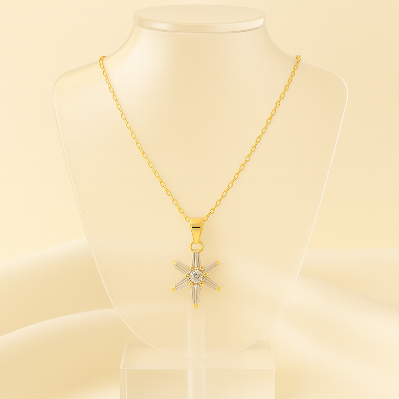 Elegant Gold Starburst Pendant Necklace with Sparkling Baguette Crystals