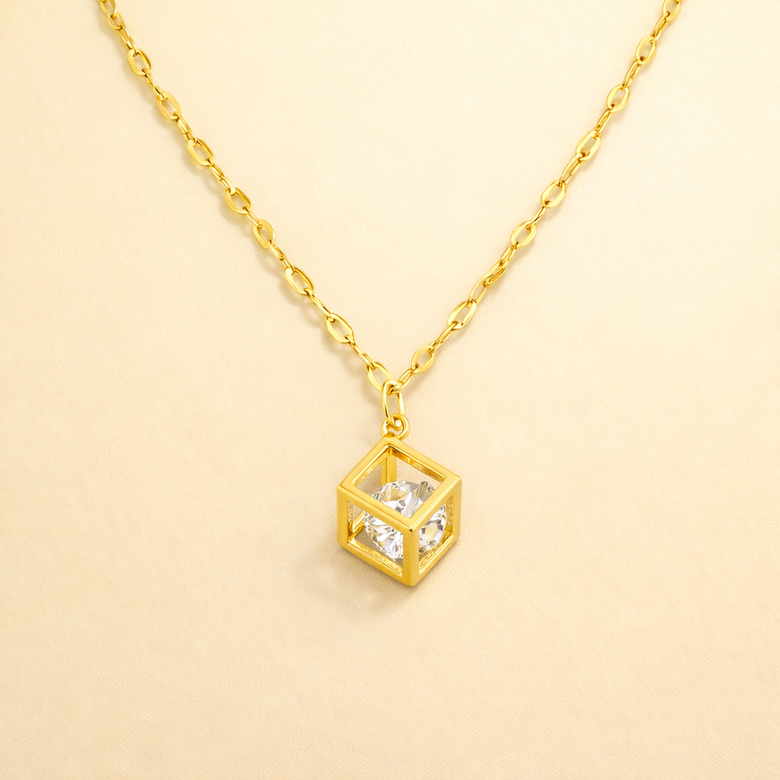 Gold Finish Geometric Cube Crystal Pendant Necklace for Women | Minimal Elegant Jewellery