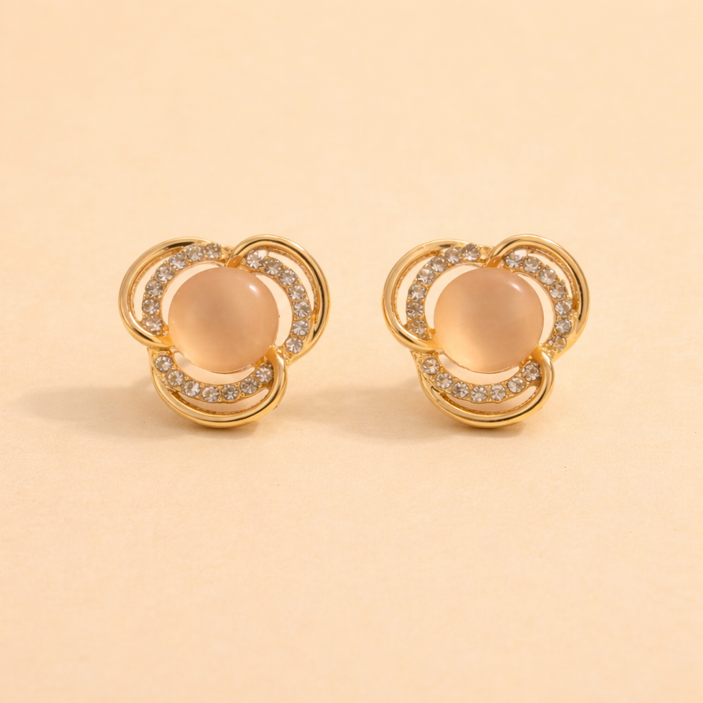 Gold Finish Floral Stud Earrings for Women with Crystal