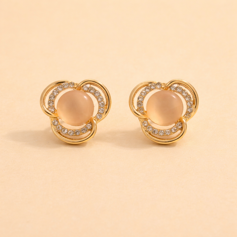 Gold Finish Floral Stud Earrings for Women with Crystal