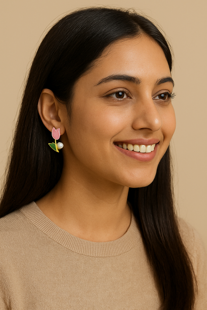 Pink Tulip Blossom Pearl Stud Earrings for Women | Elegant Floral Jewellery
