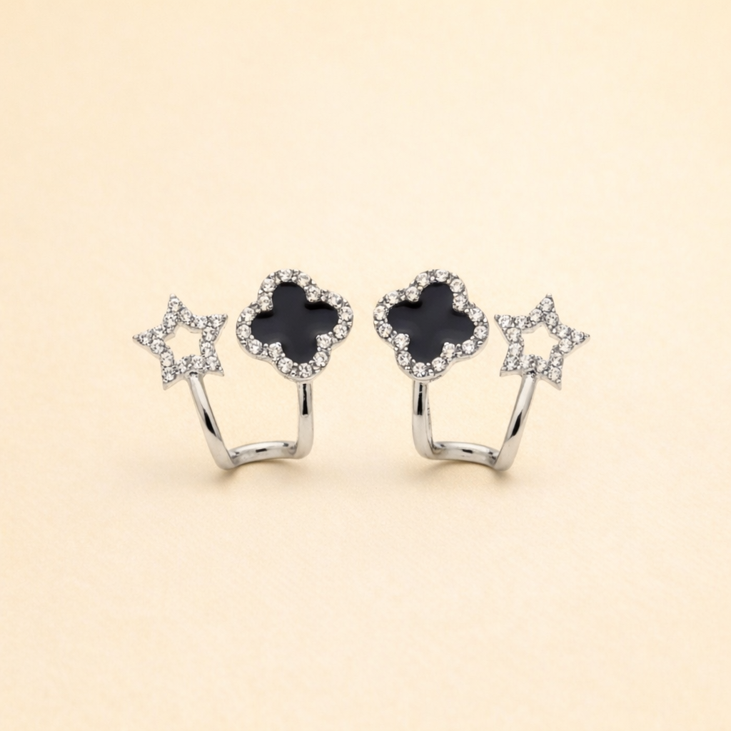 Silver Star & Black Clover Ear Cuff Earrings | Layered Ear Styling for Women