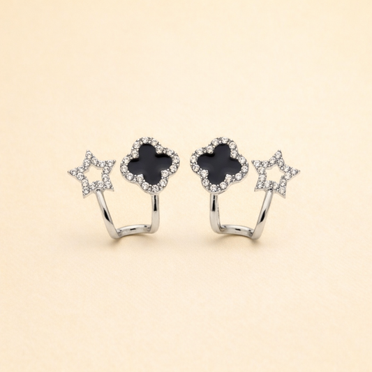 Silver Star & Black Clover Ear Cuff Earrings | Layered Ear Styling for Women