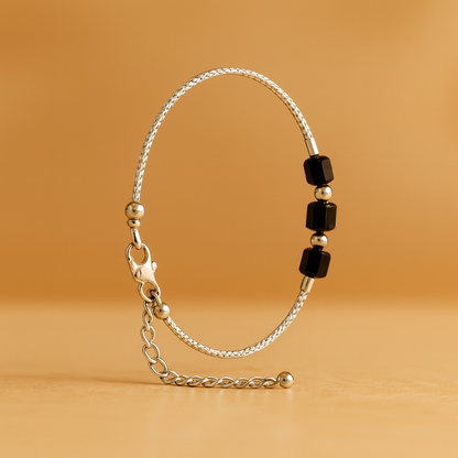 Minimalist Silver finish Bracelet with Black Cube Beads | Adjustable Chain for Women