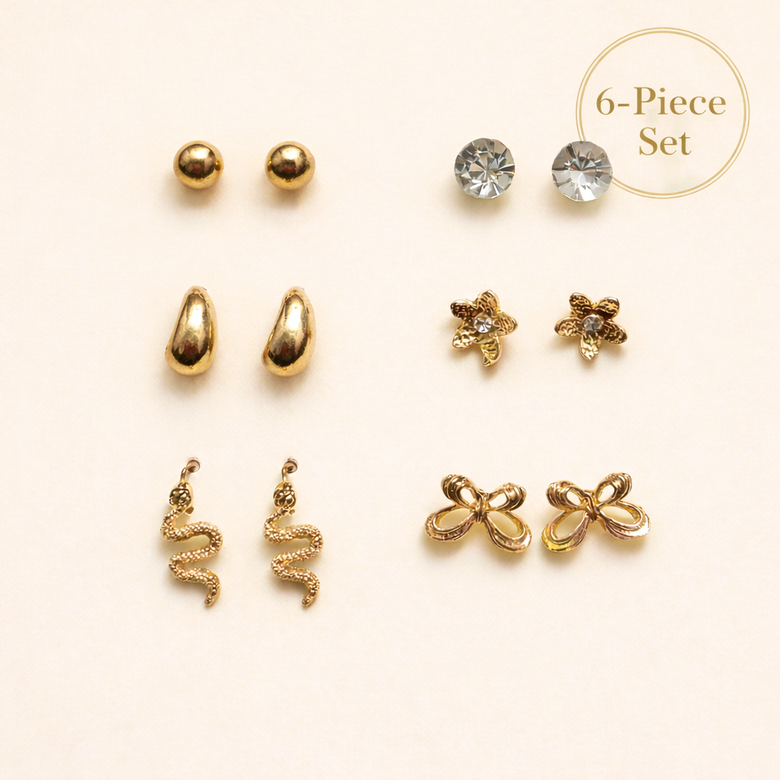 Gold Finish Stud Earrings Set for Women | 6-Piece Combo