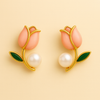 Pink Tulip Blossom Pearl Stud Earrings for Women | Elegant Floral Jewellery