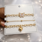 Gold Finish Charm Bracelet for Women – Butterfly Heart 3 in 1