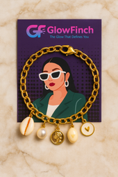GlowFinch Gold Finish Cowrie Pearl & Coin Charm Bracelet for Women | Trendy Daily Jewellery
