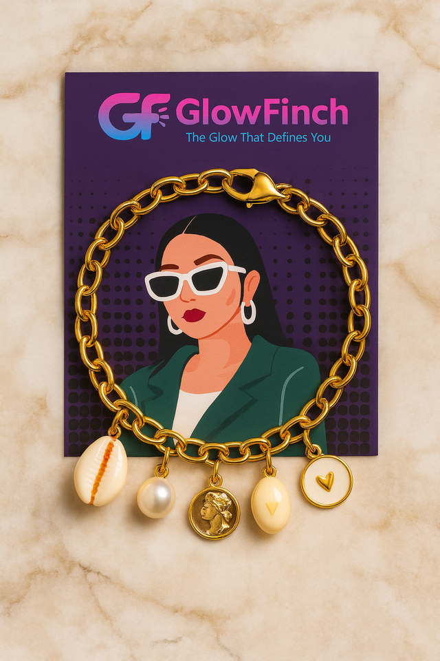 GlowFinch Gold Finish Cowrie Pearl & Coin Charm Bracelet for Women | Trendy Daily Jewellery