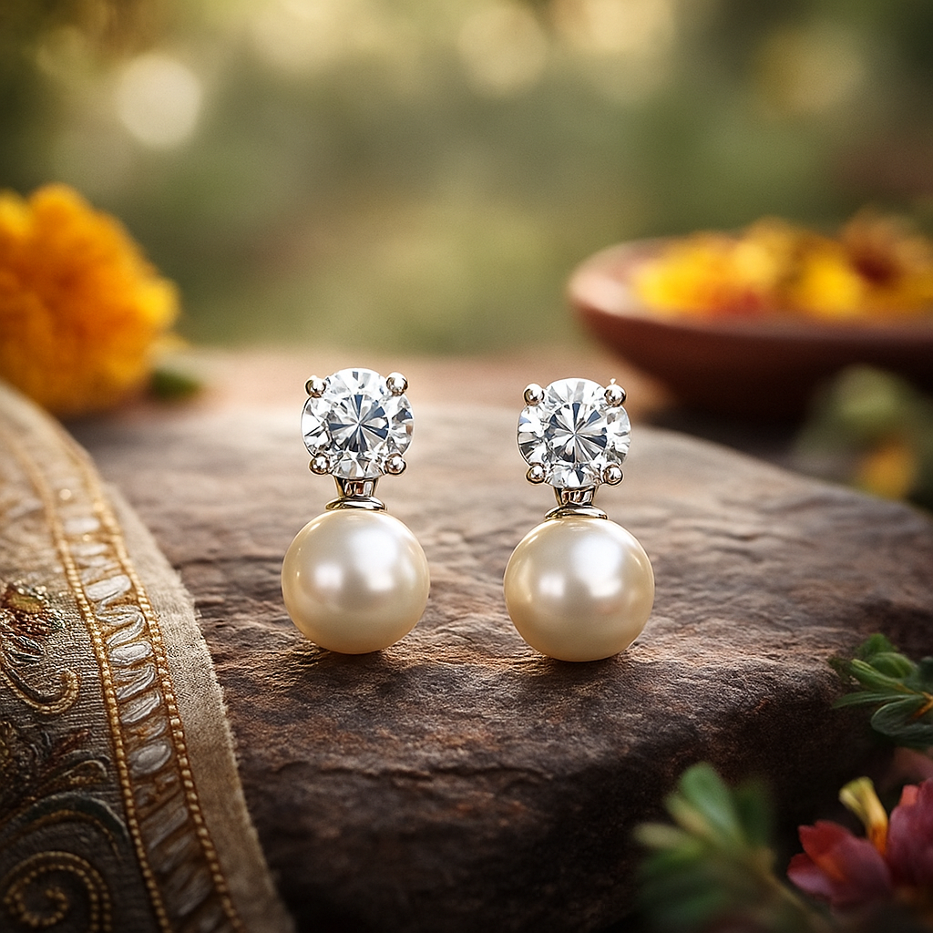 Elegant Pearl & Crystal Silver Stud Earrings