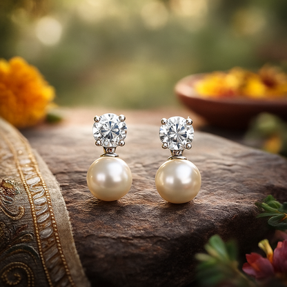 Elegant Pearl & Crystal Silver Stud Earrings