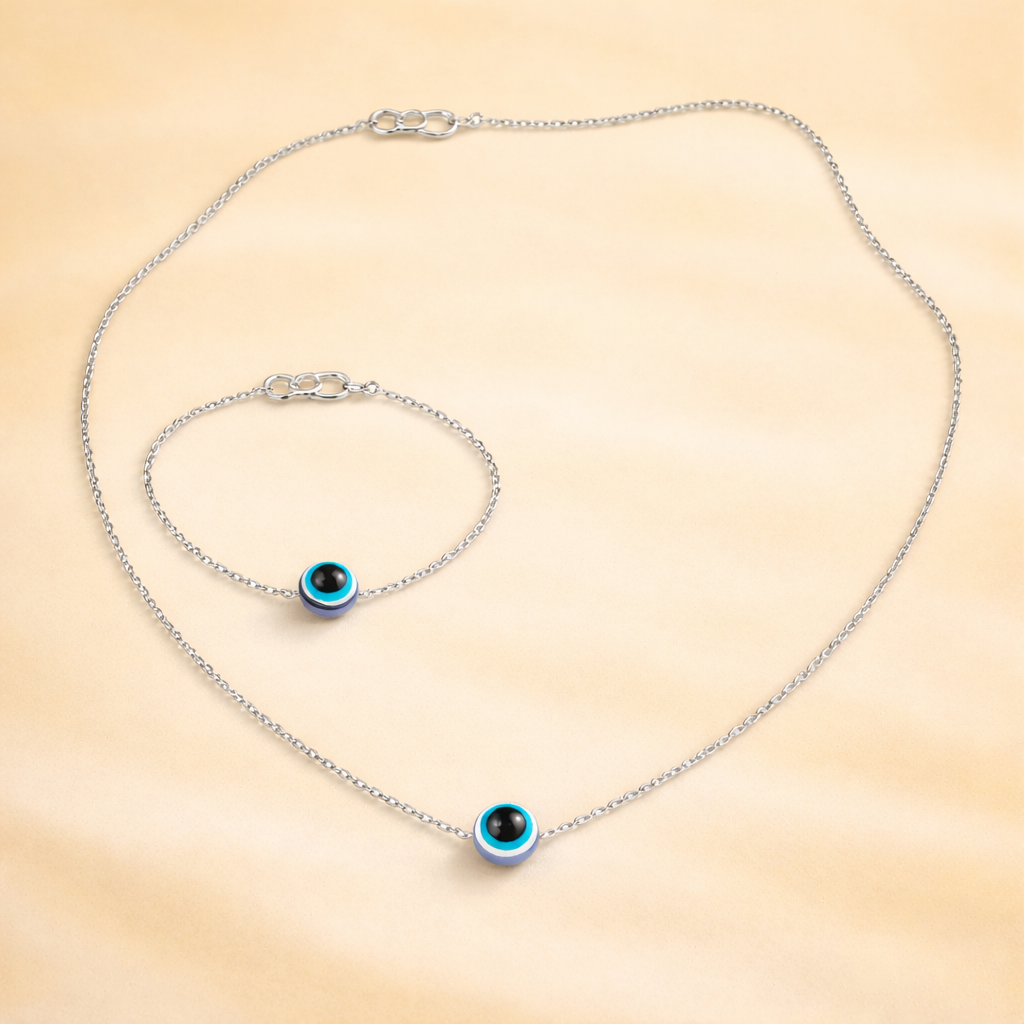 Evil Eye Necklace and Bracelet Set - Silver Finish Protective Jewelry for Women