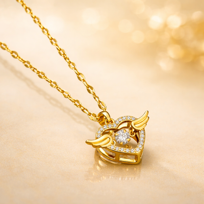 GlowFinch Gold finish Angel Wing Heart Crystal Pendant Necklace for Women | Symbol of Love & Protection