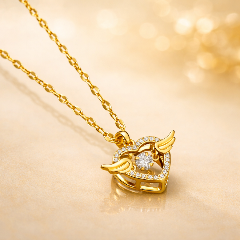 GlowFinch Gold Finish Angel Wing Heart Crystal Pendant Necklace for Women | Symbol of Love & Protection
