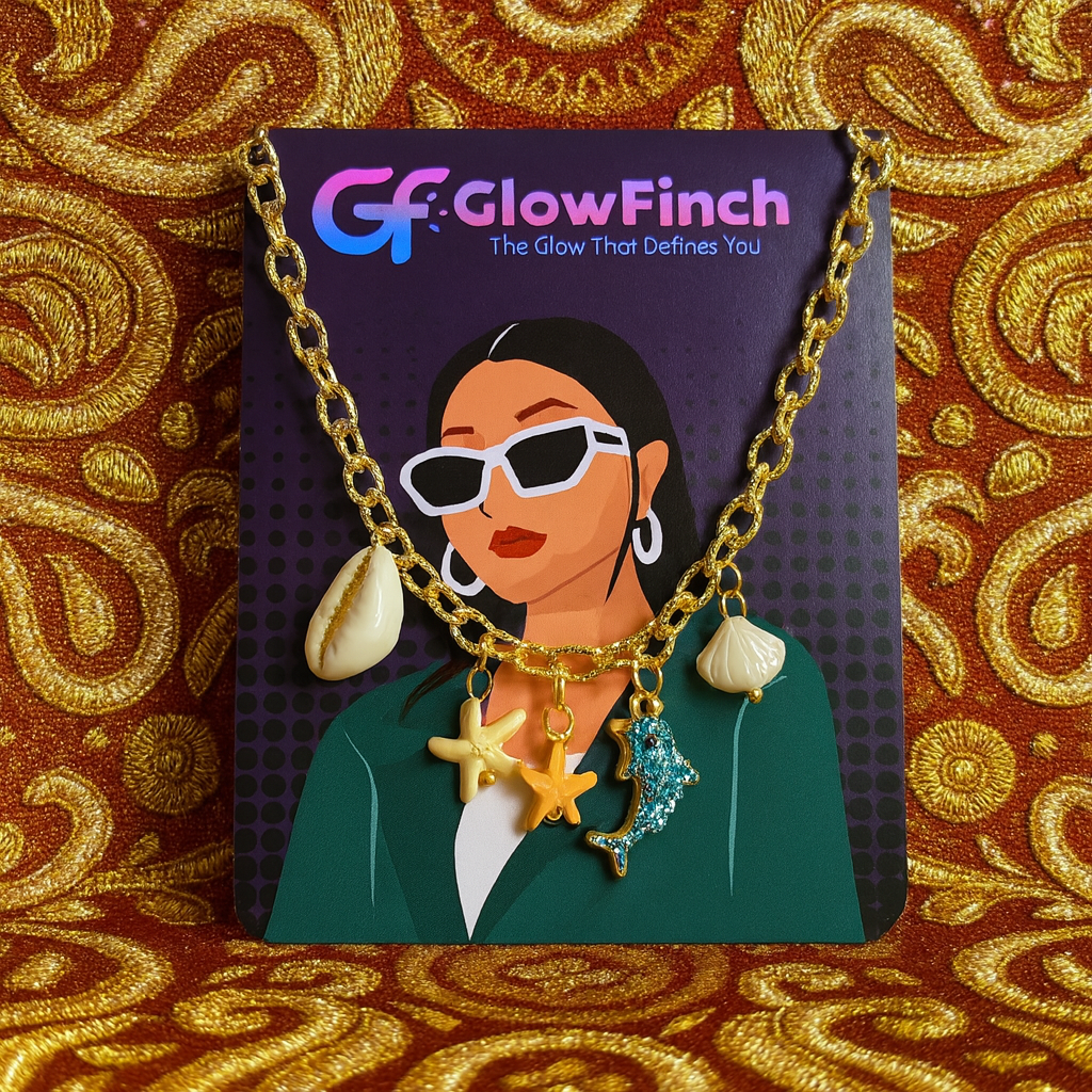 GlowFinch Gold finish Ocean Charm Bracelet for Women | Dolphin, Shell & Starfish Charms