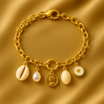 GlowFinch Gold finish Cowrie Pearl & Coin Charm Bracelet for Women | Trendy Daily Jewellery