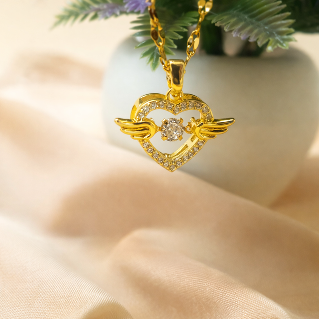 GlowFinch Gold Finish Angel Wing Heart Crystal Pendant Necklace for Women | Symbol of Love & Protection