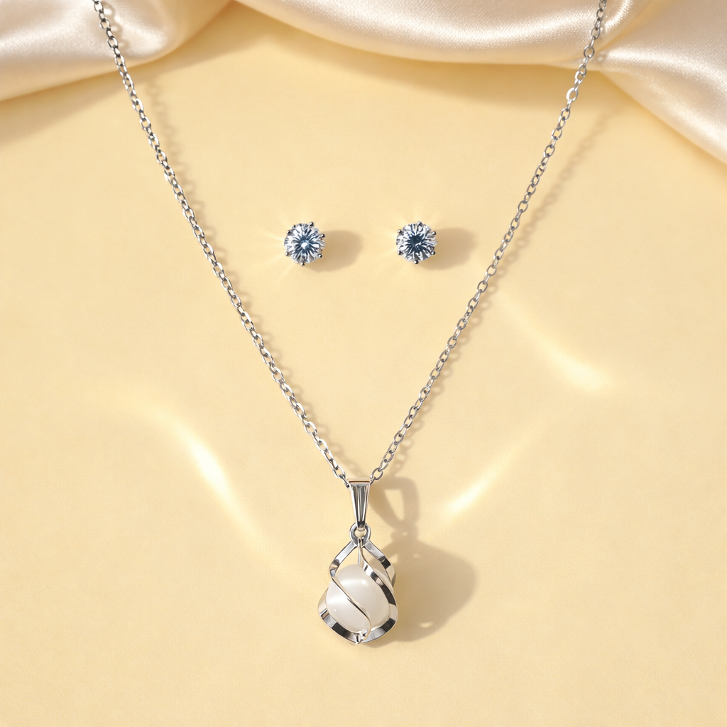Silver Pearl Pendant Necklace Set with CZ Stud Earrings for Women