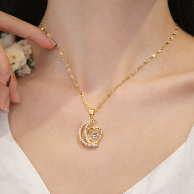 Gold Finish Crescent Moon Heart Crystal Pendant Necklace for Women