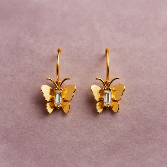 Gold Butterfly Hook Earrings for Women with Crystal Center