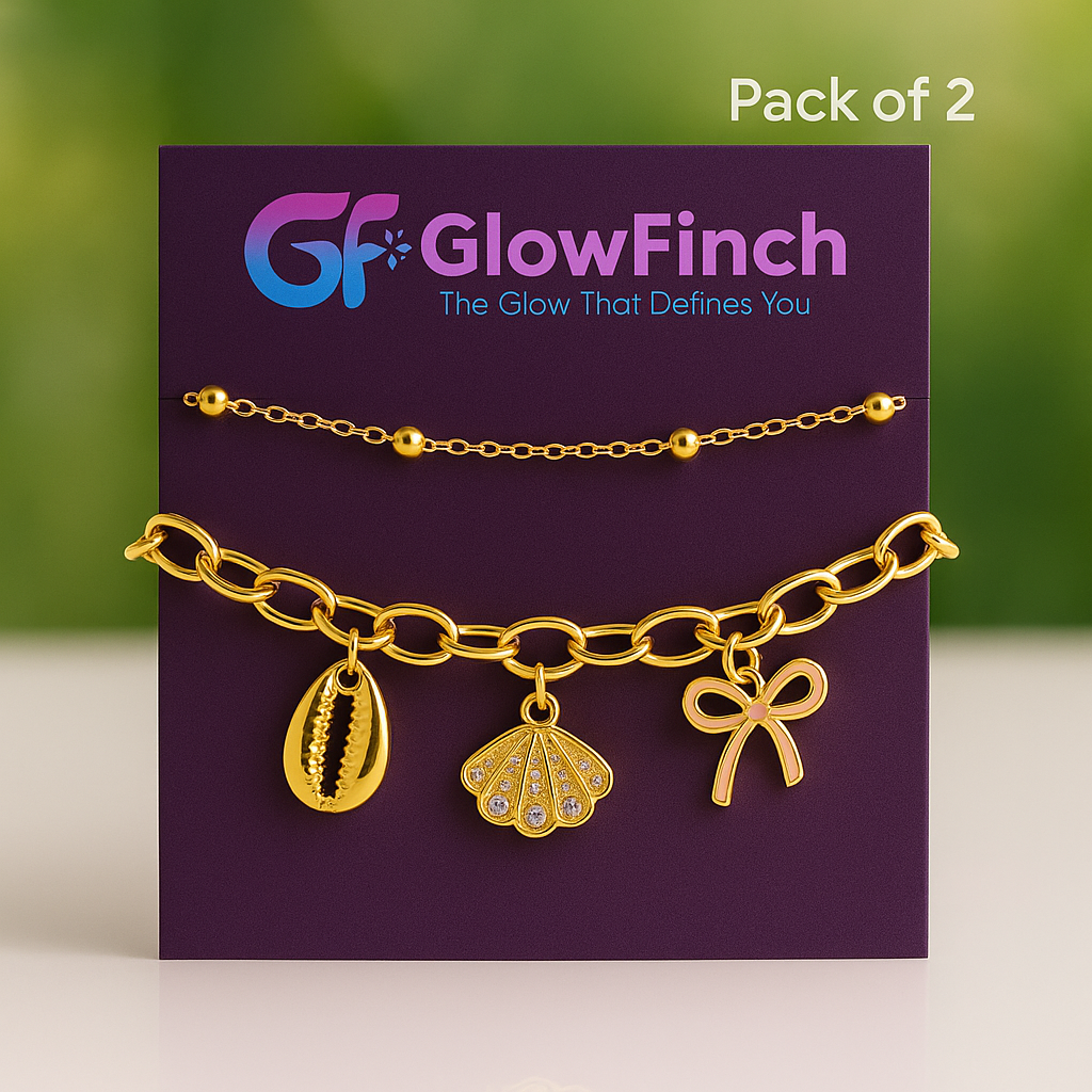 Gold chram Bracelet Set with Shell, Bow & Bead Chain (Pack of 2)