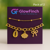 Gold Charm Bracelet Set with Shell, Bow & Bead Chain (Pack of 2)