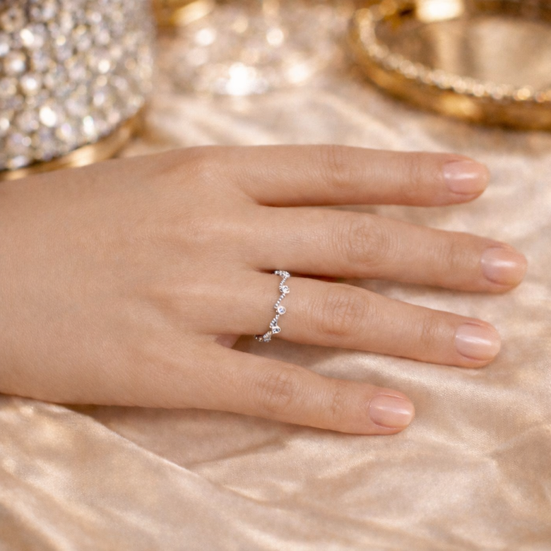 Adjustable Silver Ring with Cubic Zirconia for Women | Fashion Wave Design