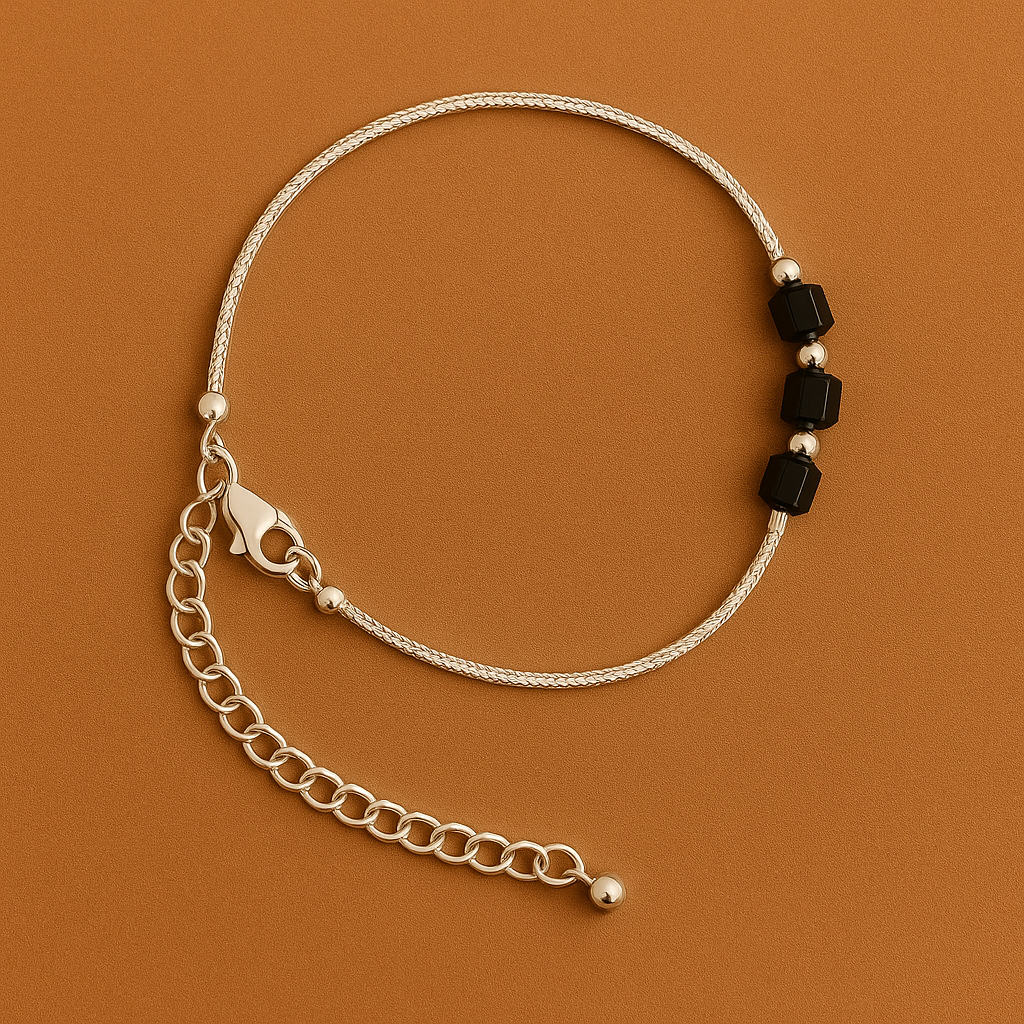 Minimalist Silver finish Bracelet with Black Cube Beads | Adjustable Chain for Women