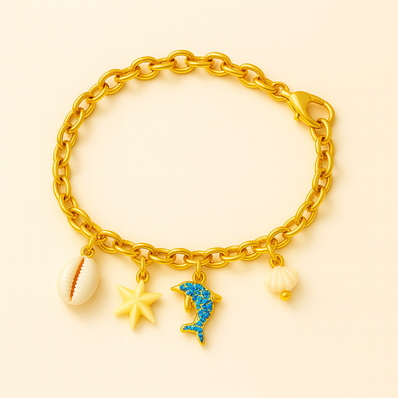 GlowFinch Gold Finish Ocean Charm Bracelet for Women | Dolphin, Shell & Starfish Charms