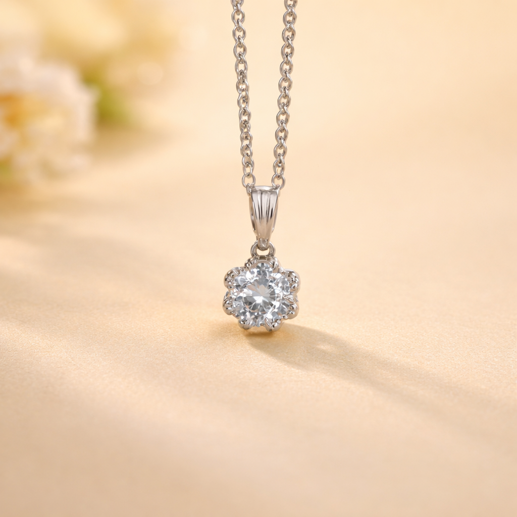 Floral Pendant Necklace for Women | Silver Plated with Cubic Zirconia