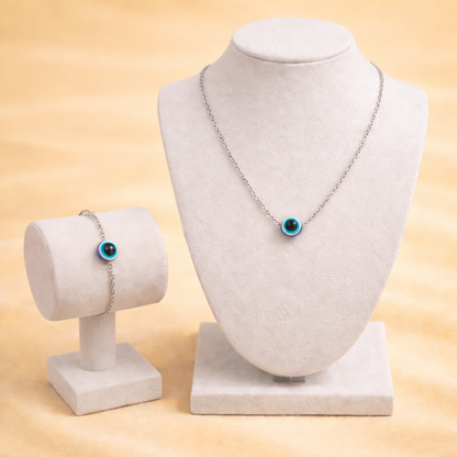 Evil Eye Necklace and Bracelet Set - Silver Finish Protective Jewelry for Women