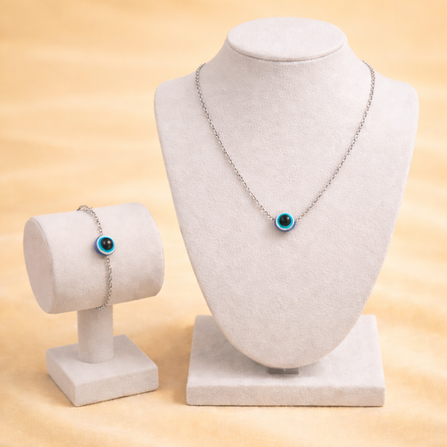 Evil Eye Necklace and Bracelet Set - Silver Finish Protective Jewelry for Women
