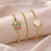 Gold Finish Turtle & Clover Bracelet for Women 3 in 1