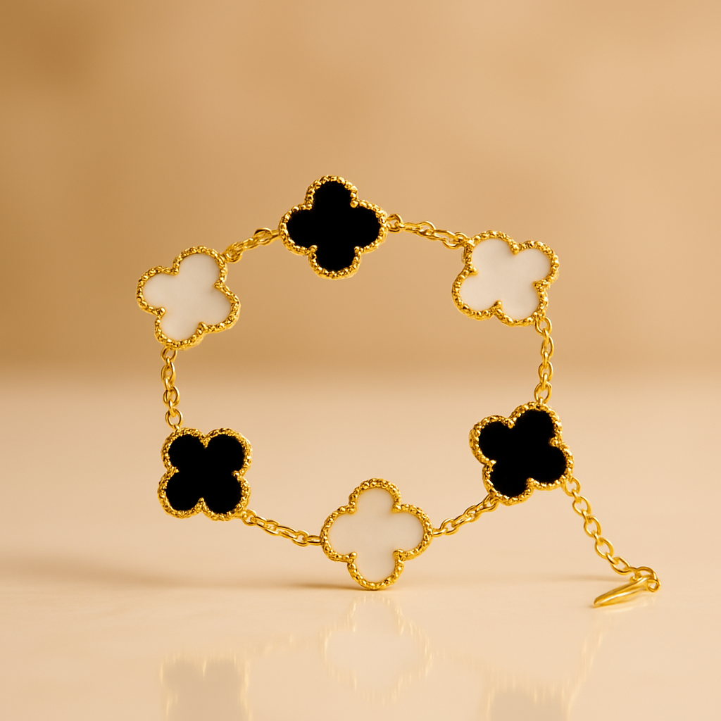 Black & White Clover Charm Bracelet for Women | Gold-Plated Enamel Jewellery