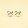 Crystal Bow Pearl Stud Earrings for Women | Gold Tone