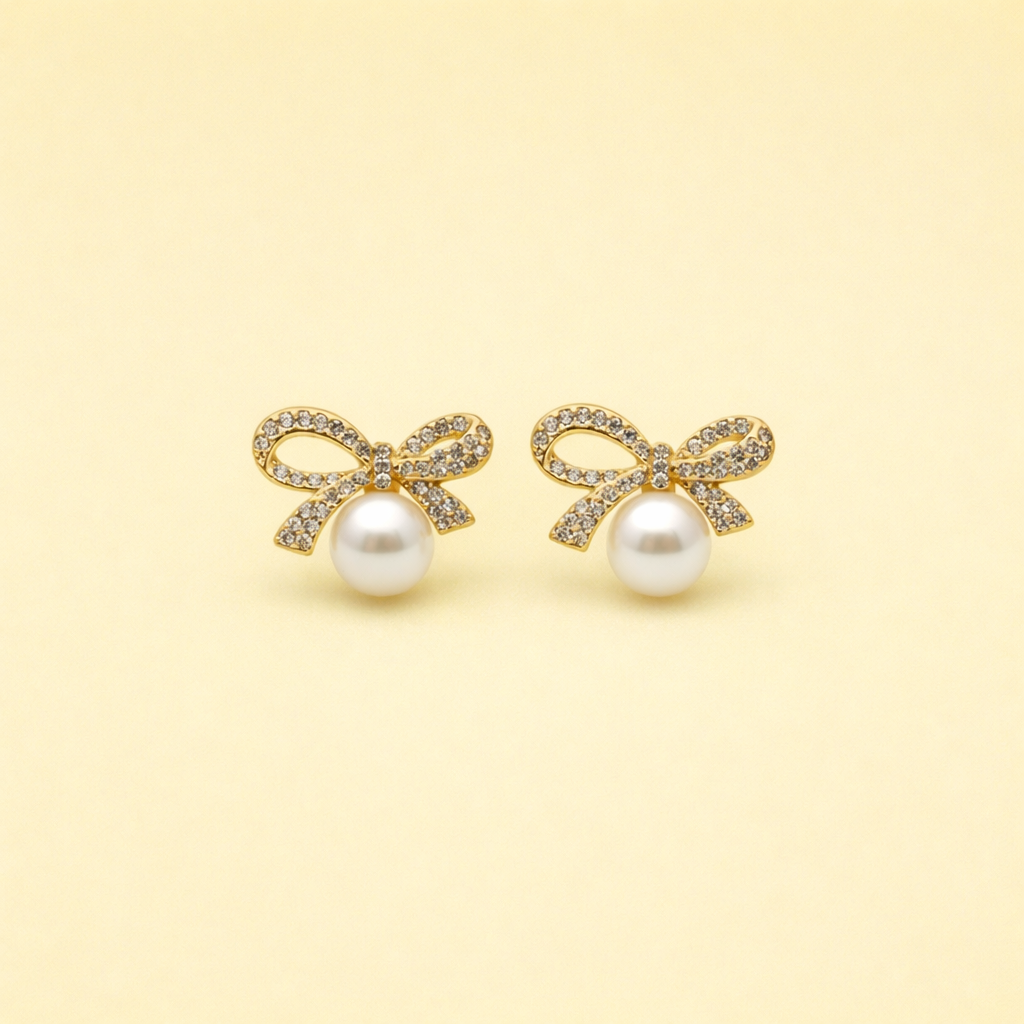 Crystal Bow Pearl Stud Earrings for Women | Gold Tone