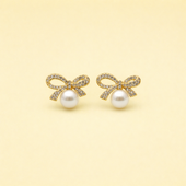 Crystal Bow Pearl Stud Earrings for Women | Gold Tone
