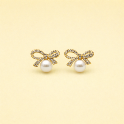 Crystal Bow Pearl Stud Earrings for Women | Gold Tone