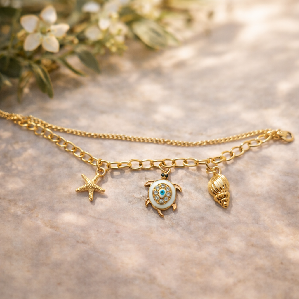 Gold finish Charm Bracelet for Women with Evil Eye 2 in 1