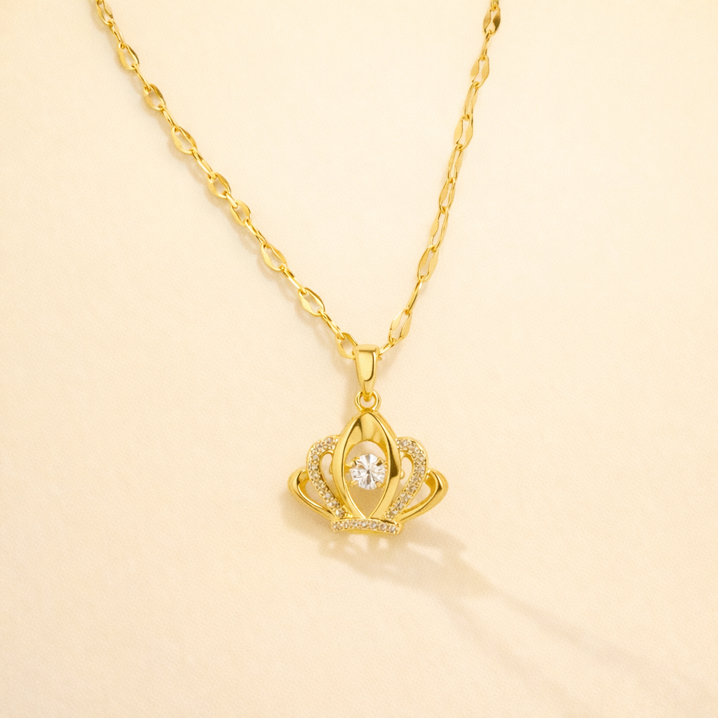Gold Finish Crown Crystal Pendant Necklace for Women | Elegant Royal Design Jewellery